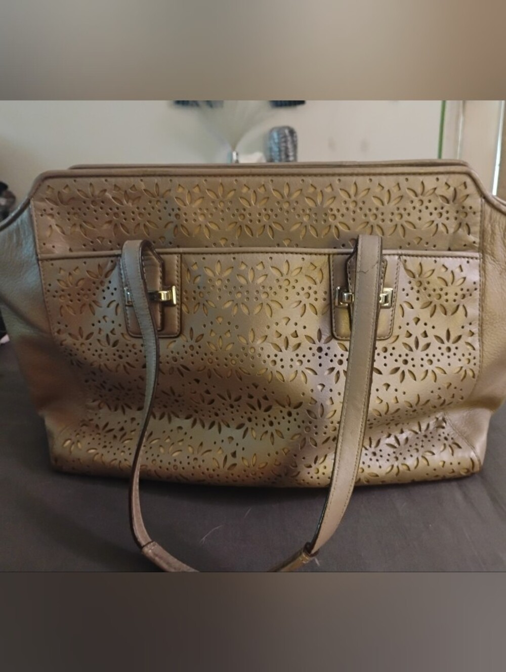 Coach Beautiful And Unique Laser Etched Perforated Floral Leather Tote - Tan